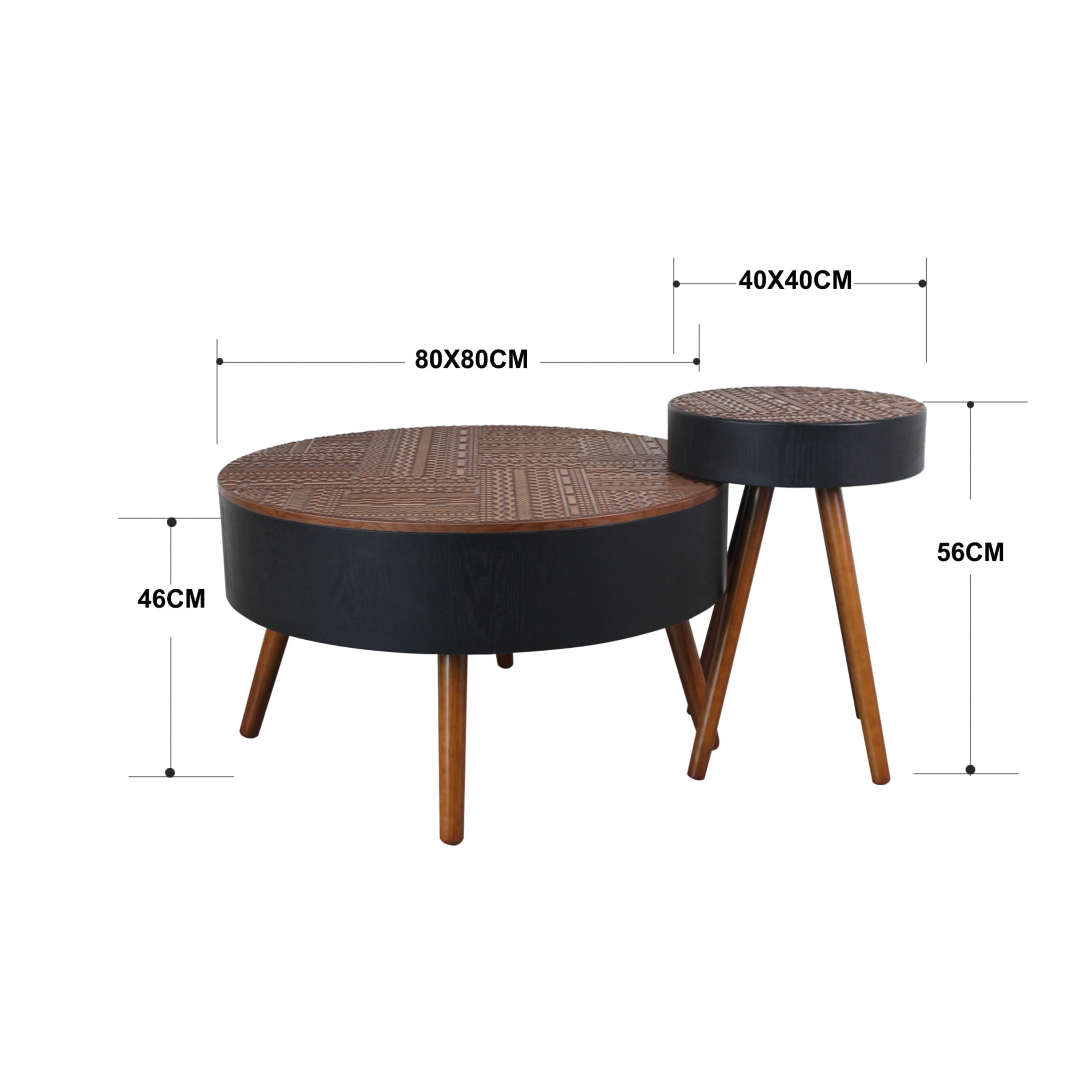 Noble House Tappen 31.5" Round Coffee Table with Engraved Top, American Wood Side Table for Small Spaces, Black