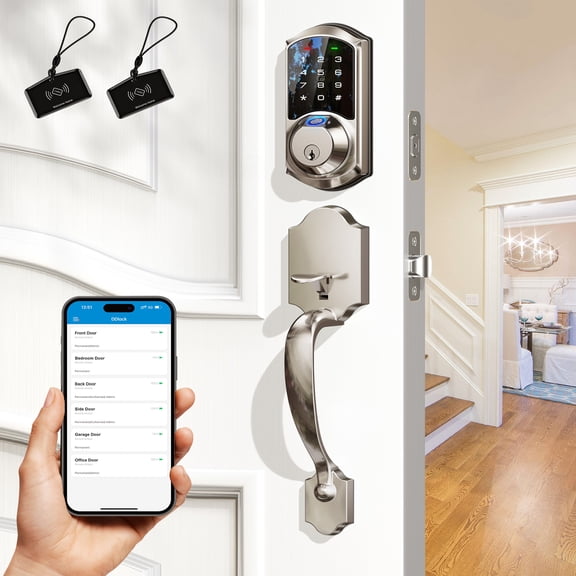 Veise Smart Door Lock with Handle Set, Fingerprint Keyless Front Door Lock, App Control, Easy Install, Satin Nickel