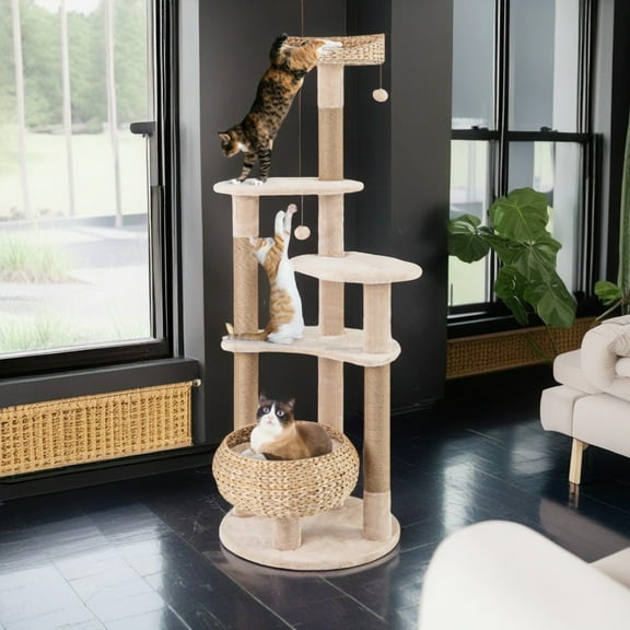 Pefilos 63" Cat Tree Tower for Indoor Cats, Cat Condo for Large Cats, Modern Cat Tree House Manual Hand Woven with Sisal, Cat Scratching Post, Beige