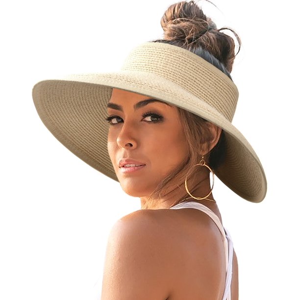 Sombrero con visera solar FURTALK para mujer, paja, ala ancha, beige