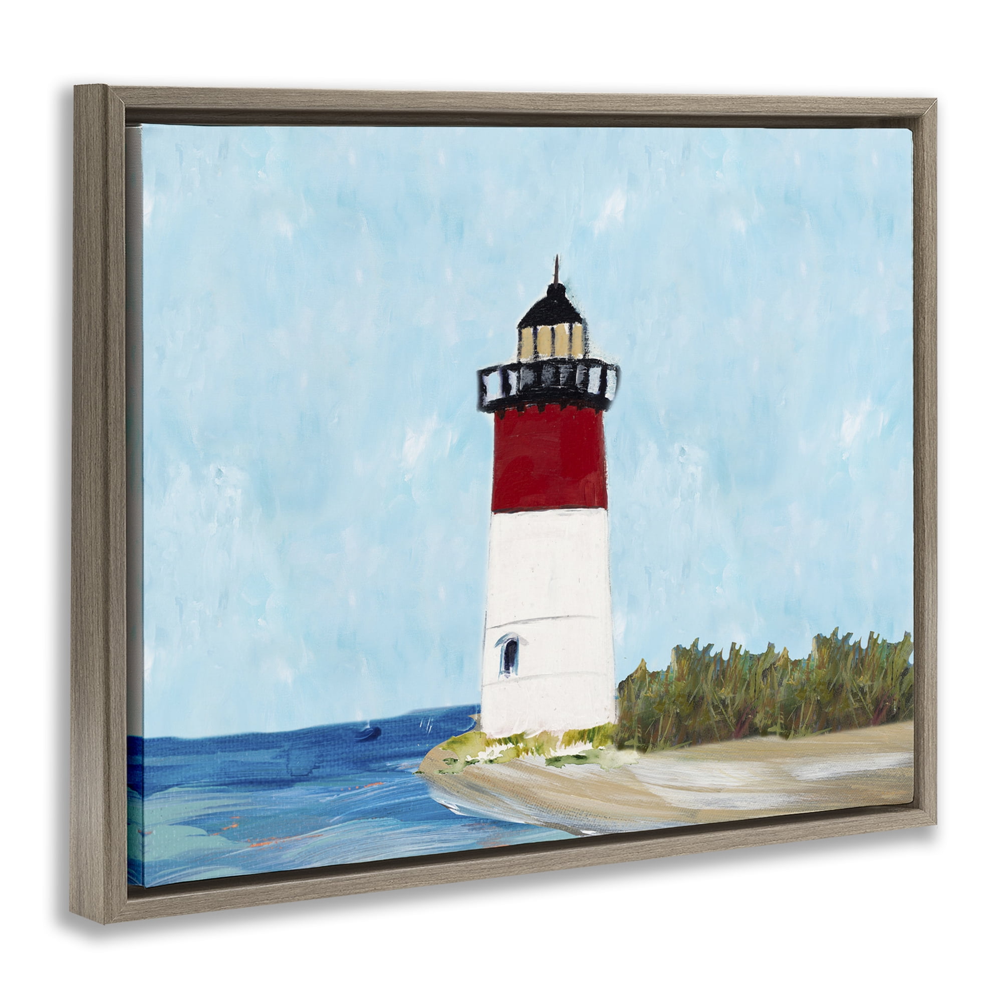 Stupell Industries Coastal Lighthouse on Blue Coastal Painting Brown Floater Framed Canvas Art Print Wall Art, 31 x 25