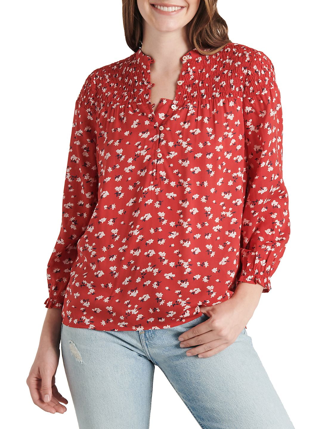 Lucky Brand Womens Long Sleeve Floral Print Ruffle Henley Shirt Henley Shirt
