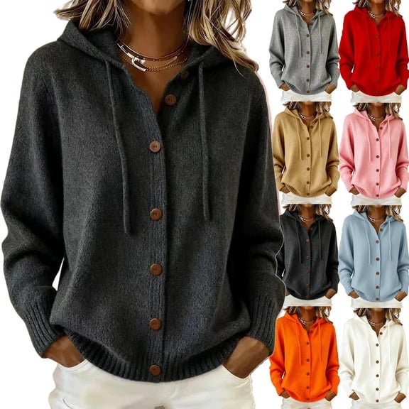 Women's Hooded Knit Cardigan Button Up with Drawstring Ties | Hooded Pullover with a Full-button Front, Intended for Cooler Weather Layering, #01_Black, L