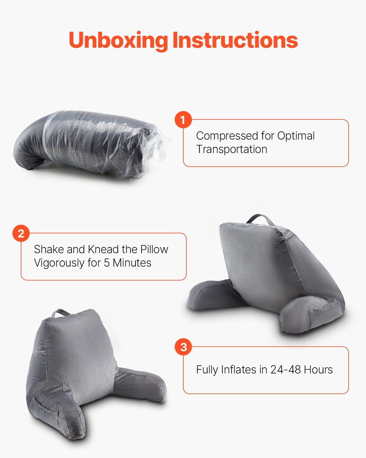 VEVOR Reading Pillow, Standard Size Bed Pillow with Shredded Memory Foam, Back Pillow with 3 Pockets and Washable Short Velvet Cloth, Top with Handle, for Watching TV, Reading, Gaming, Resting, Grey