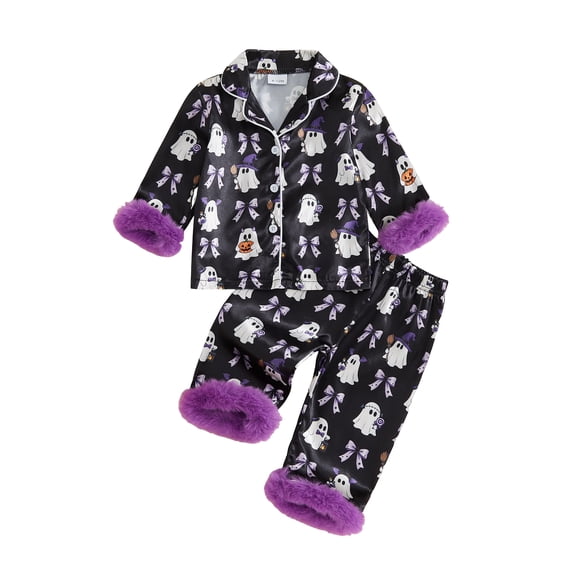 Cjfdfy Toddler Baby Girls Halloween Fall Clothes Ghost Pumpkin Pajamas Set Printed Fuzzy Trim Long Sleeve Tops And Pants Cute Newborn Baby Girl Halloween Pajamas
