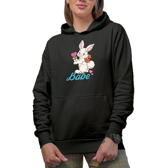 Bunny Babe, Spring or Easter Day Gift, Black Hooded Sweatshirt or Hoodie, Small