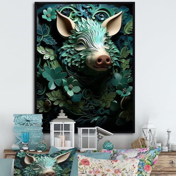 Designart "Hog Amidst Emerald Flowers" Animals Pig Floater Framed Canvas Wall Art