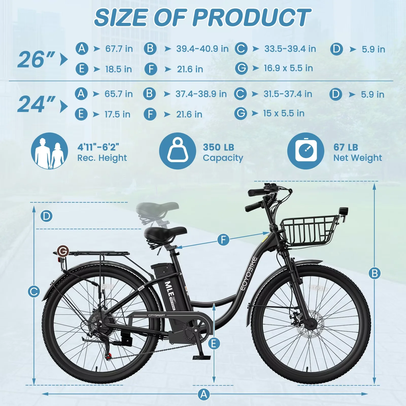 Lilypelle Electric Bike for Unisex Adults,24/26" 7-Speed Step Thru Electric Bicycle ,36V,20MPH