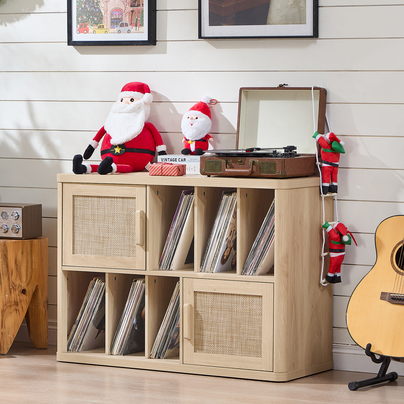 Large Record Player Stand, Rattan Turntable Stand Table Holds up to 450 Albums, Vinyl Record Storage Cabinet with Wood Legs for Living Room Bedroom Office, Natural Oak