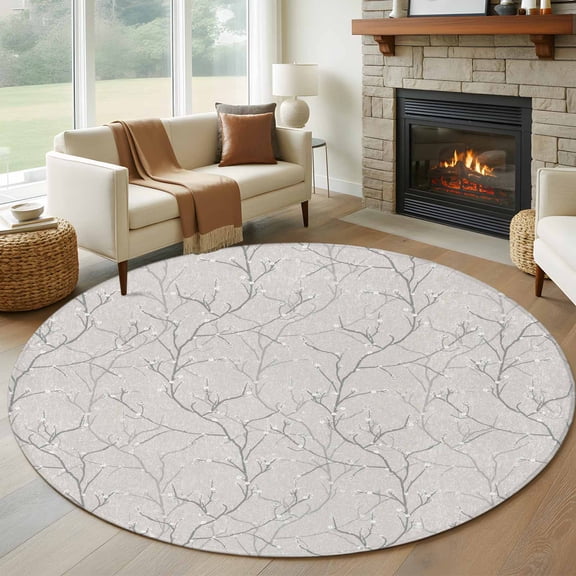 Grey Branches Round Area Rug 6Ft Washable Circle Rugs for Bathroom Office, Vintage Art Farmhouse Non-Slip Carpet Floor Mats Indoor Outdoor Carpet Runner Aesthetic Home Decor