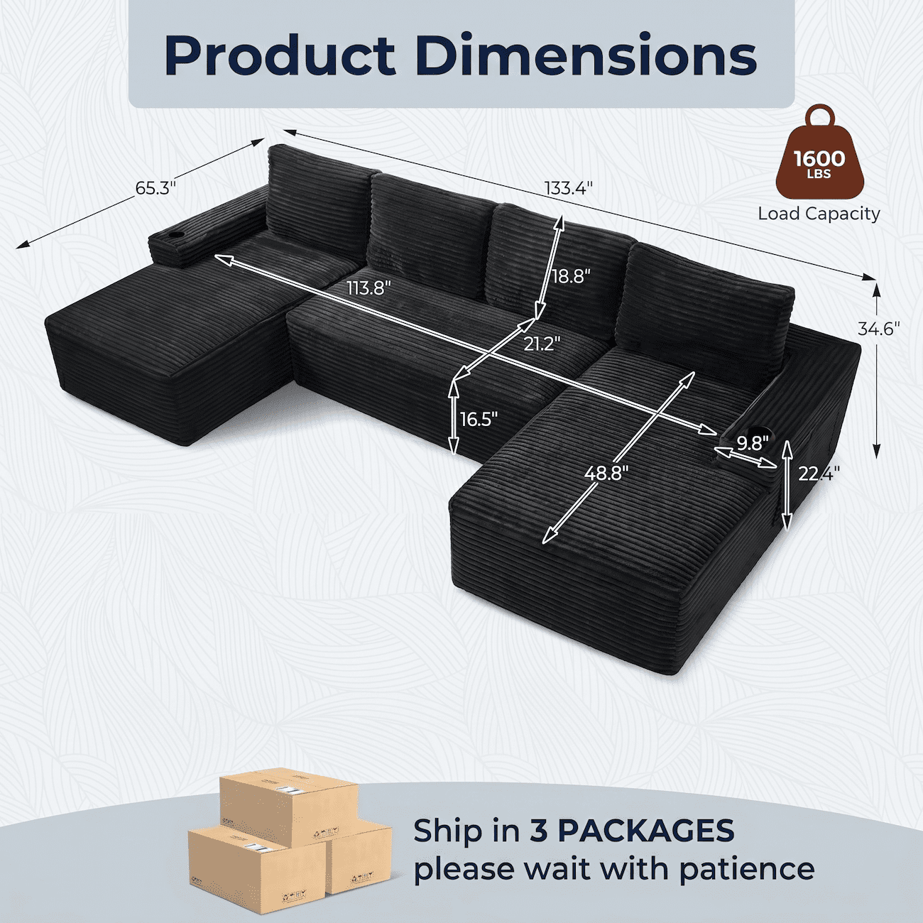 Xiweot 133" Cloud Boneless Sectional Couch, Modular Sectional Sofa with Chaise, U Shaped Memory Foam Corduroy Couch with Cup Holders & Side Pockets, No Assembly Deep Seat Sofa for Living Room, Gray