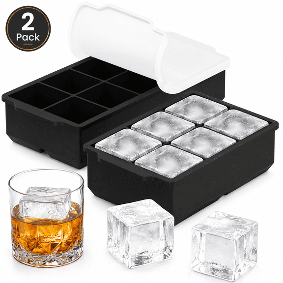 Himonut 2 Pack Large Silicone Ice Cube Trays with Lids, 2-Inch 6-Cavity Square Ice Molds, Easy Release Stackable Freezer Trays for Whiskey, Cocktails and Coffee