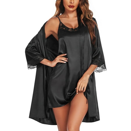 Avidlove Womens Robe Sets Sleepwear Satin Silk Sexy Nightgown with Bathrobes Black Lightweight Lingerie Dress Bride Robes Set Knee Length
