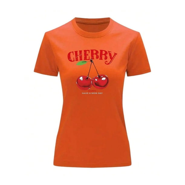 Playera Blusa De Cerezas Cherry Happy Have A Nice Day Casual Ropa Para Mujer Ropa De Dama Color Anaranjado Talla Chica Marca Emil SaEs