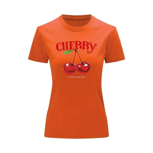 Playera Blusa De Cerezas Cherry Happy Have A Nice Day Casual Ropa Para Mujer Ropa De Dama Color Anaranjado Talla Chica Marca Emil SaEs