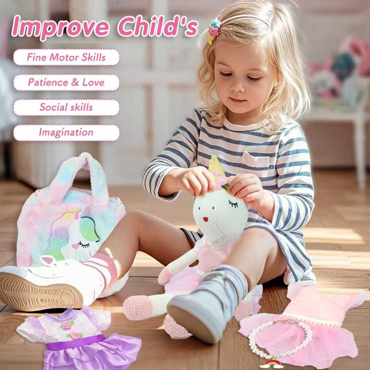 LINXUXIE Unicorns Stuffed Animal Doll Toys, Plush Doll with Cloth, Shoe, Bag, Ballet Dress Up Doll for Girl, Birthday Gifts for 1-3 3-5 5-8 Year Old