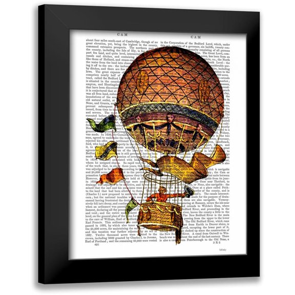 Fab Funky 12x14 Black Modern Framed Museum Art Print Titled - Hot Air Balloon with Flags