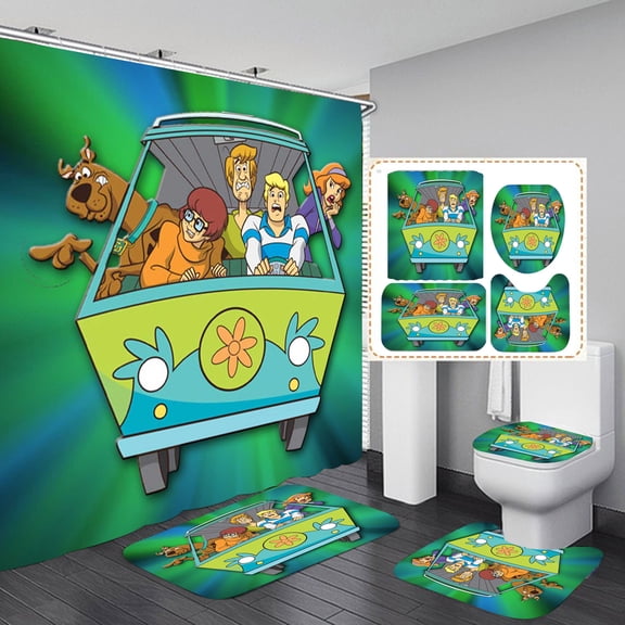 Scoob Scooby Shower Curtain Bathroom 4 Pieces Set Toilet Lid Cover and Bath Mat, Non-Slip Rugs Durable and Waterproof, for Bathroom Decor Set, 72" x 72"