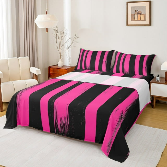 Erosebridal Pink Black Lines Full Sheet Sets,Geometric Geometry Bedding Full Size,Modern Abstract Art Bed Sheets Set Full Size,Breathable Room Decorative,4pcs