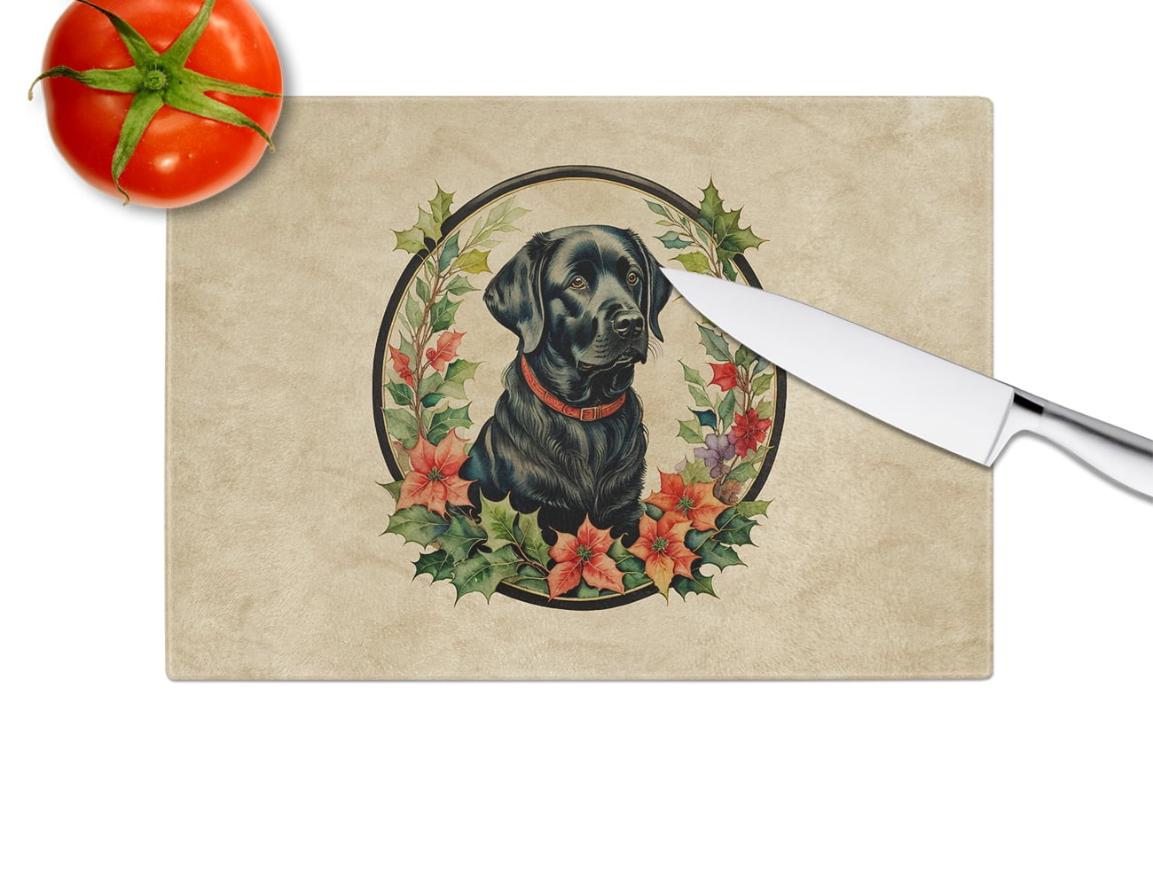 Labrador Retriever Christmas Flowers Glass Cutting Board 12 in x 15 in