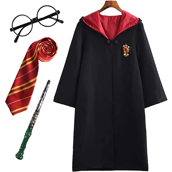 4PCS Children Adult Cosplay Costume Harry Potter Costume Outfit Set Magic Wand Tie Scarf Glasses Carnival Disguise Mardi Gras Halloween Black S Large Size Red