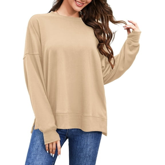 Fancyglim Plus Size Sweatshirts for Women Crew Neck Tops Long Sleeve Oversized Fleece Shirts with Pockets Thumb Holes Khaki 2XL