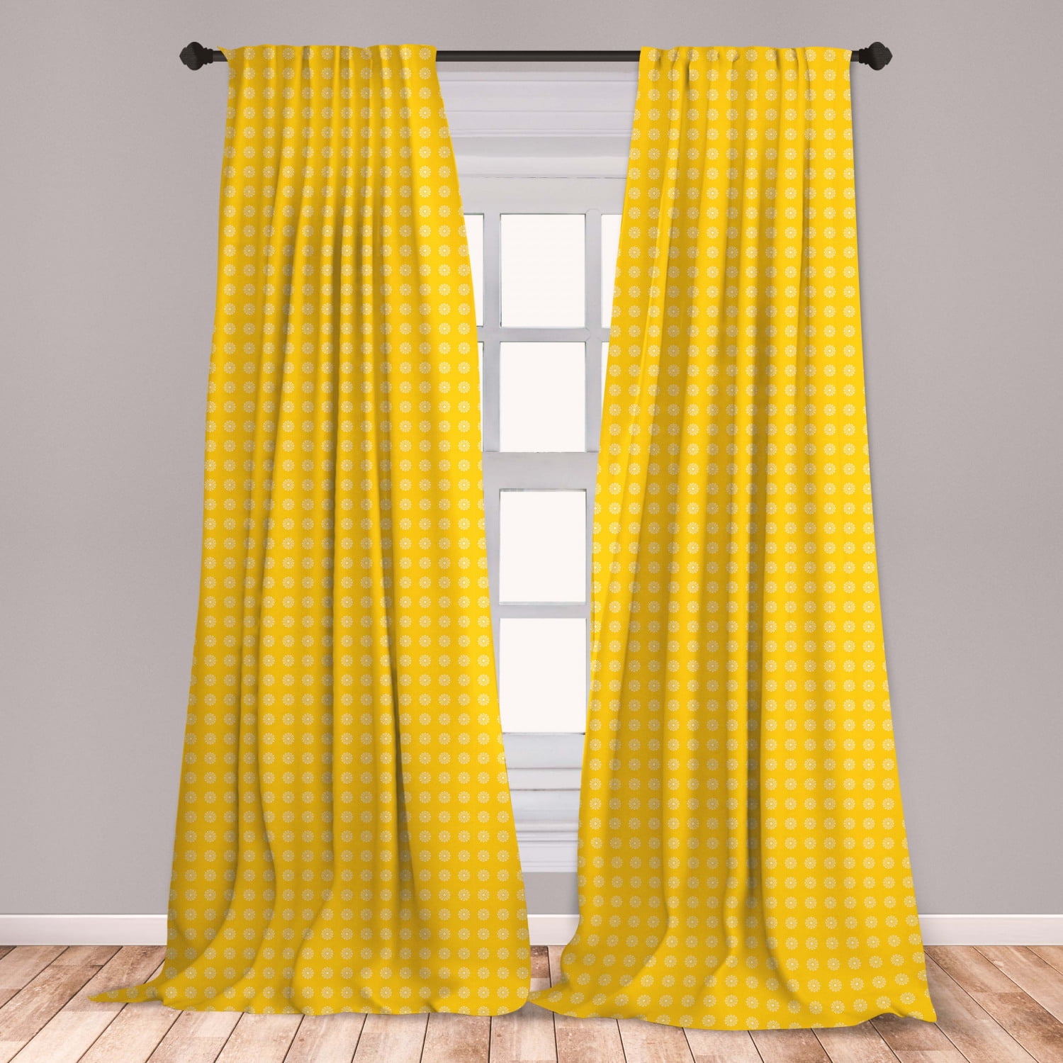 Yellow Curtains 2 Panels Set, Hippie Flower Children's 70s Retro Themed