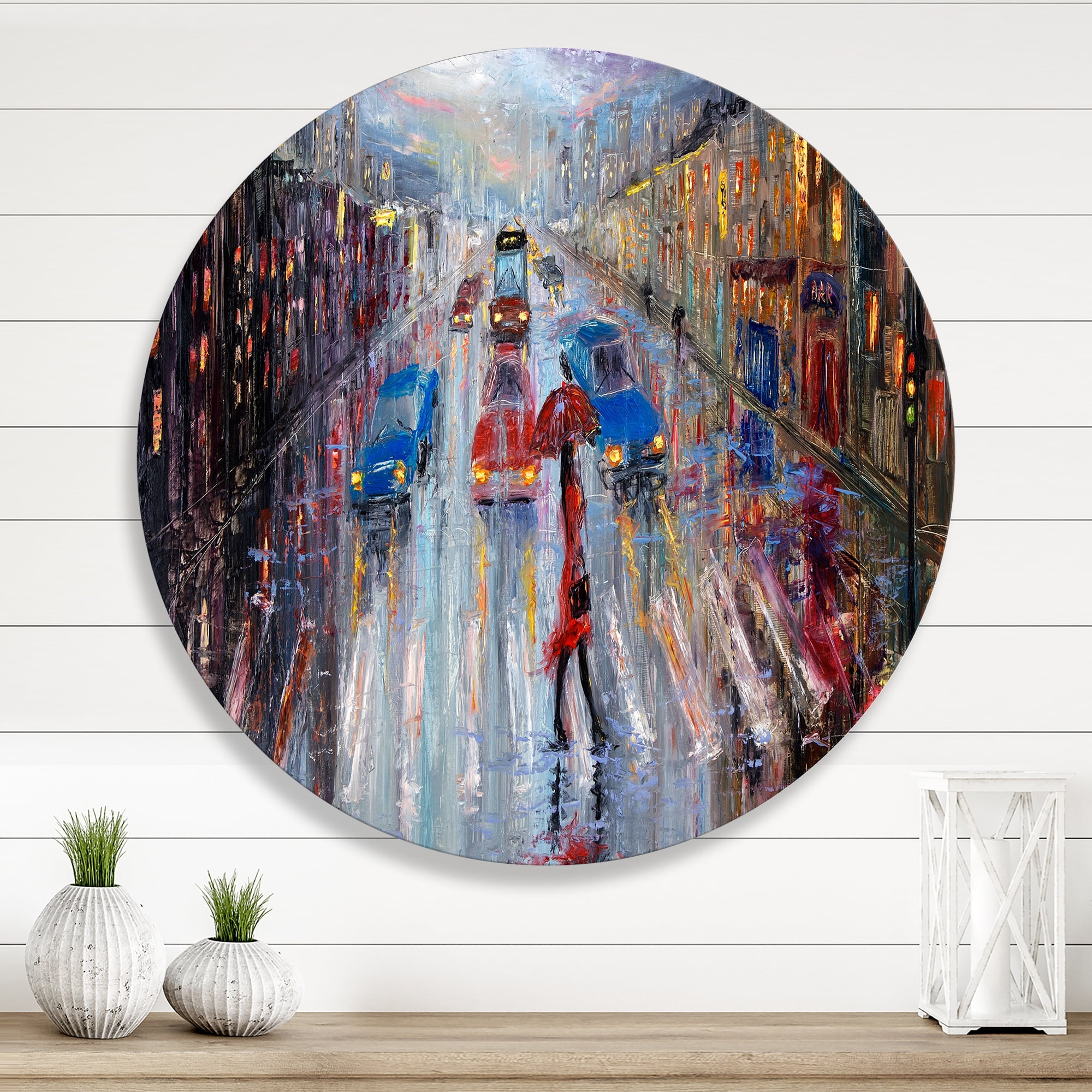 Designart 'Girl In Red Crossing The Street' Traditional Circle Metal Wall Art 11x11 - Disc of 11