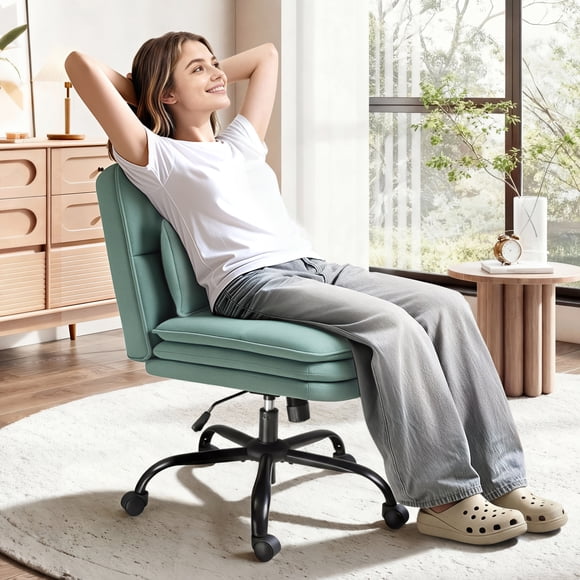 Homall Criss Cross Legged Office Chair with Wheels, Armless Extra Wide Seat Swivel Desk Chair, Adjustable Height Comfy Task Chair with Thick Cushion（Fabric Green）