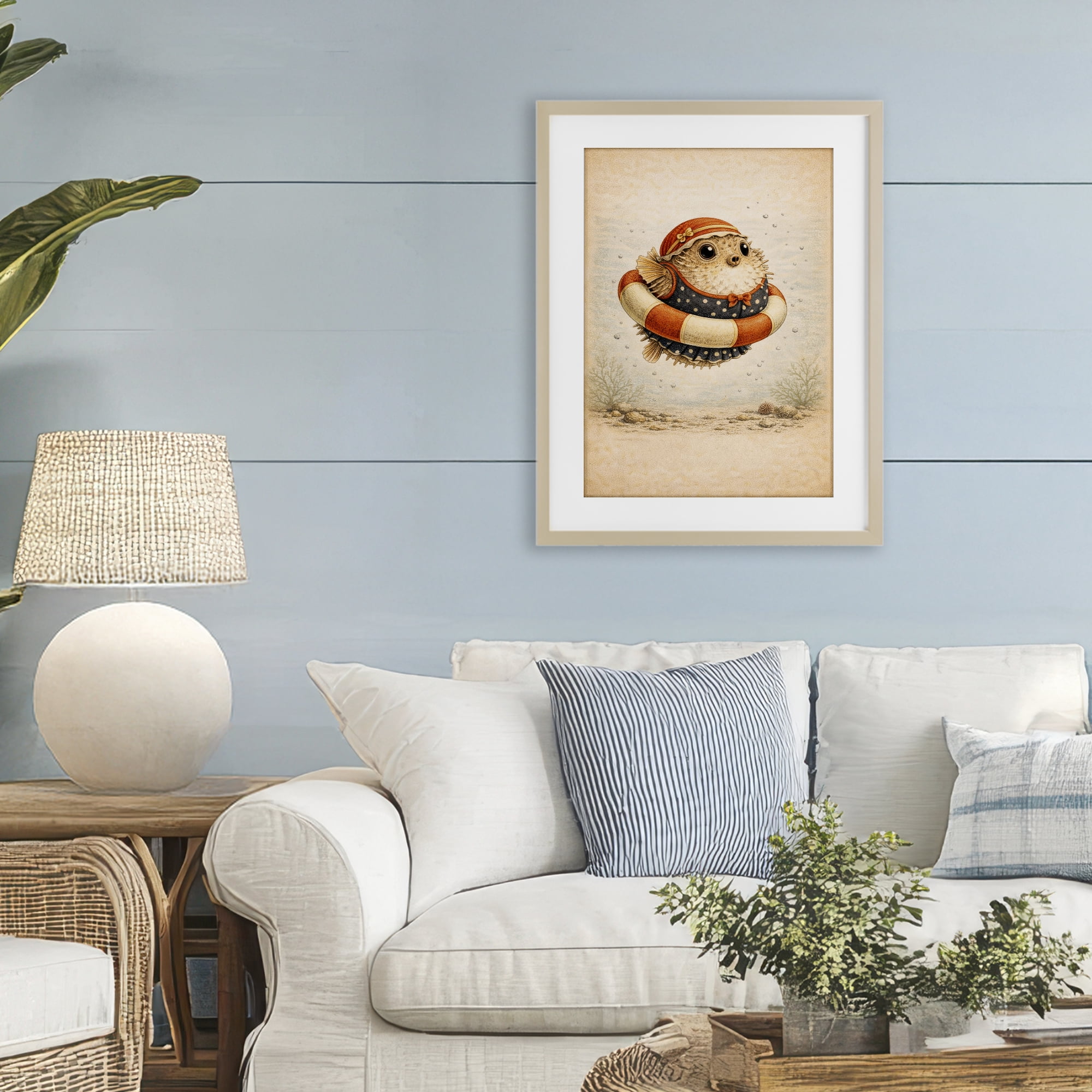 Stupell Industries Pufferfish Of Maritime Bathing Society Birch Framed Print Under Glass, design by Grotto Studios