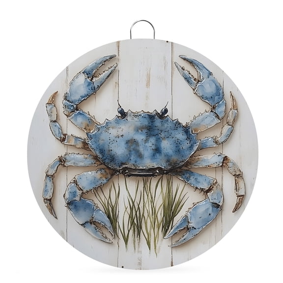 Welcome Sign for Front Door,Blue Crab Coastal Round Metal Welcome Front Porch Decoration,Vintage Beach Nautical Coral Sea Wall Hanging Sign for Living Room Kitchen Hallway Housewarming Gift 8''