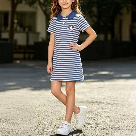 ITSAME Girls School Uniform Dress Striped Print Lapel Short Sleeve Kids Fashion Comfy Midi Dress Blue Size 5T