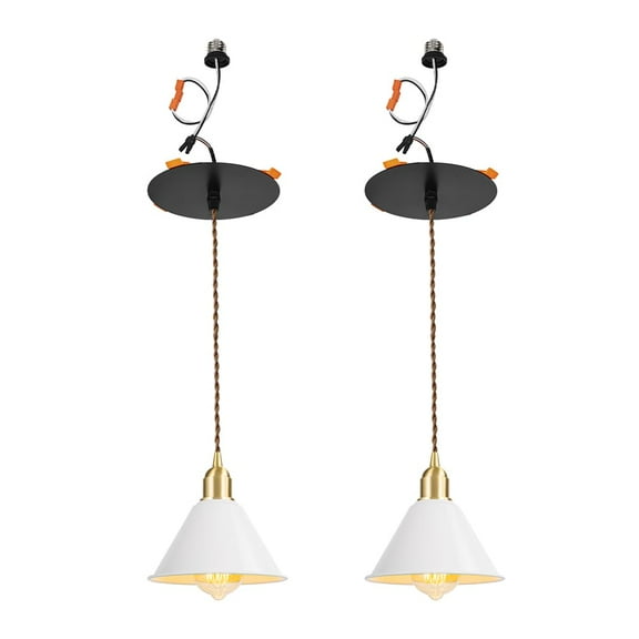 KAYYELAMP 3-Pack Vintage Industrial Brass Base White Metal Cone Shade Recessed Retrofit Pendant Lighting Conversion Kit E26 Power Connector 3.2 Ft Adjusted Cord Hanging Lamp for Hallway Farmhouse