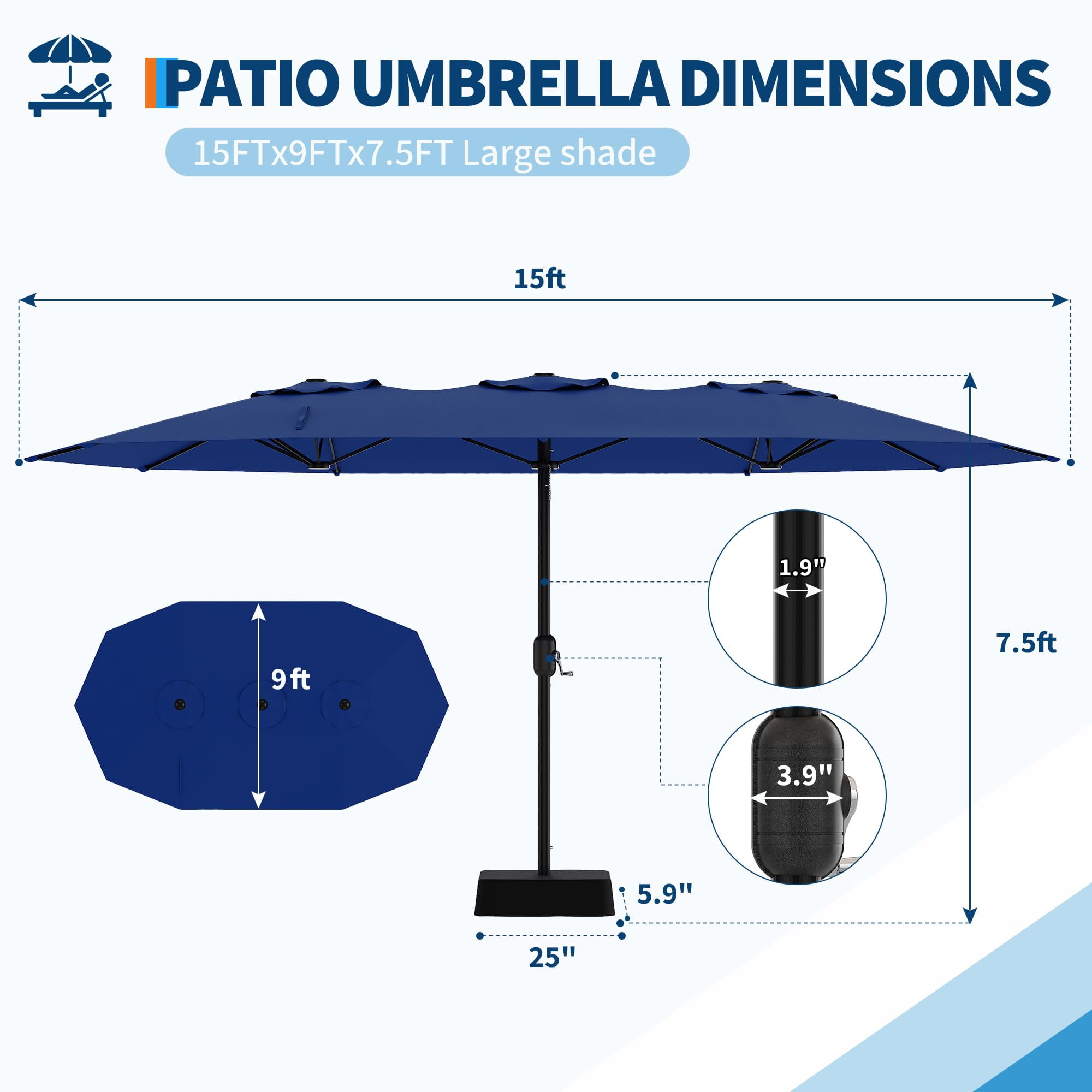 Garvee 15ft Double-Side Large Patio Umbrellas with Base Included, Rectangular Outdoor Pool Table Umbrella, UV Protective, Outside Market Umbrellas for Poolside Lawn Backyard Deck