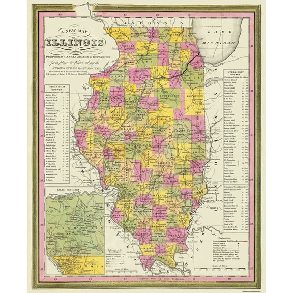 Historic State Map - Illinois - Mitchell 1846 - Vintage Wall Art
