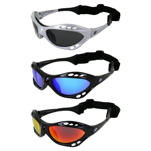 Birdz Eyewear Seahawk Padded Polarized Sunglasses 3 Pairs w/Strap Water Sports Surfing Kayaking Jetski Silver Frame w/Smoke Lens & Black Frames w/Blue & Red Mirror Lenses