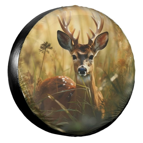 KAKALAD Deer Head In Tall Grass 01 Spare Tire Cover Universal Car Vehicle Tools For Rv SUV Truck Camper Travel Trailer Accessories Buckle 14” Inch