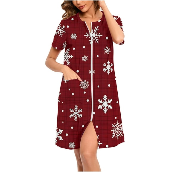 FAWUUDO Women's Short Sleeve Christmas Robe Zipper Front Loungewear Dress Sleepwear Loose Nightgown Bathrobe with Pockets