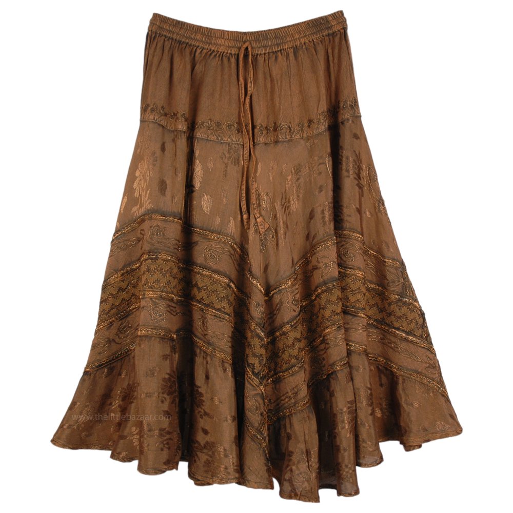 TLB Cowgirl Skirt in Copper with Embroidery Details Midi Length