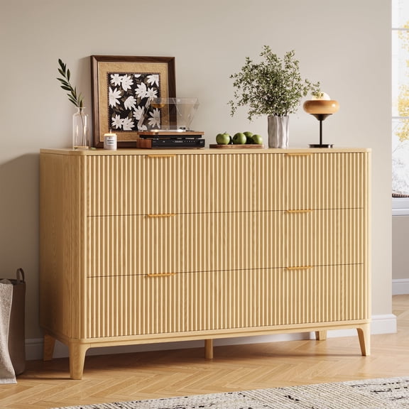 UGTOO 45.2"L 6-Drawers Dresser, Natural Wood Storage Cabinet for Bedroom & Living Room Slim Space-Saving Organizer with Smooth Gliding Drawers, 25 lbs/Drawer Capacity