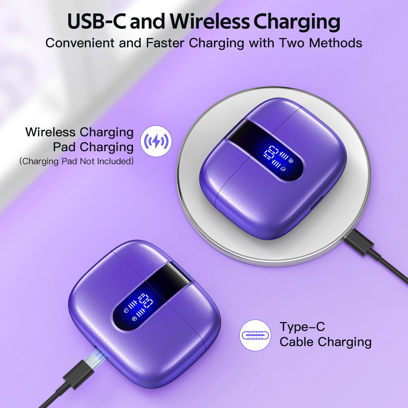 TAGRY Bluetooth Headphones True Wireless Earbuds 60H Playback LED Power Display Earphones with Wireless Charging Case IPX5 Waterproof in-Ear Ear buds with Mic for TV Smart Phone Laptop Computer