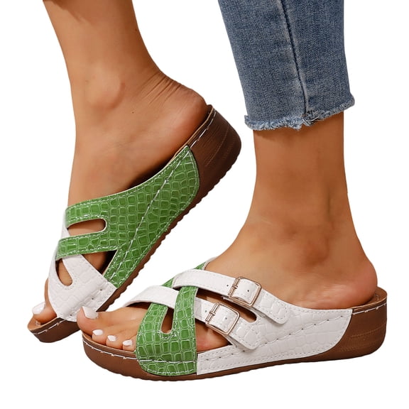 Womens Platform Sandals Color Block Slip on Slides Buckle Strap Comfortable Cushioned Low Wedge Orthopedic Walking Shoes Green Size 8.5