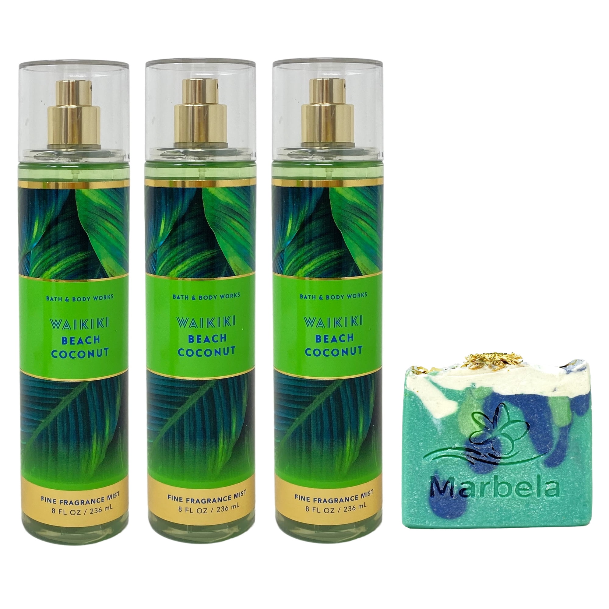 Bath & Body Works Waikiki Beach Coconut 3 Pack Fragrance Mist Bundle with an Aloe Vera Bar Soap - Full Size