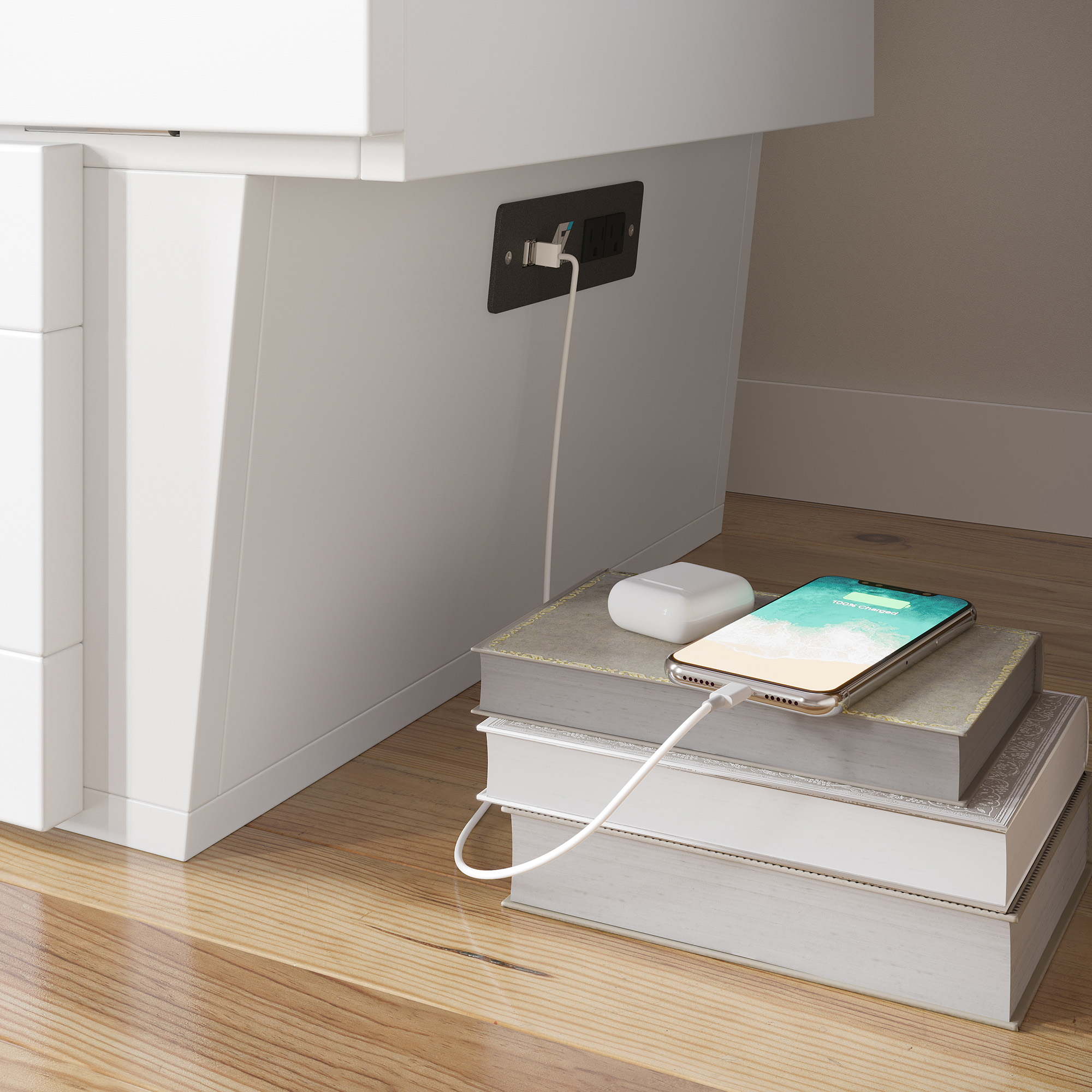 AFI Sydney Queen Murphy Bed Chest with 6" Mattress, Storage, & Built-in Charger, White