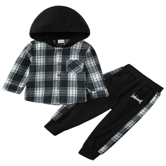 URMAGIC 2Pcs Little Boys Hoodie Tops Pants Set Plaid Print Long Sleeve Hoodies Long Pants Fall Winter Outfits