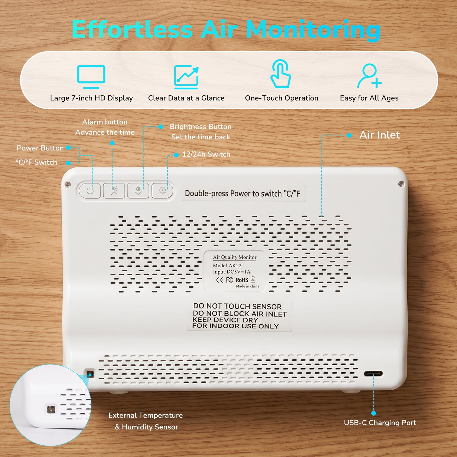 Fil-fresh 16 in 1 Air Quality Monitor Indoor 7" Display 9 AQI+7 AQI Alerts, CO2 Monitor Air Quality Tester for CO2, TVOC, HCHO, PM2.5, PM1.0, PM10, Time, Temperature, Humidity Meter