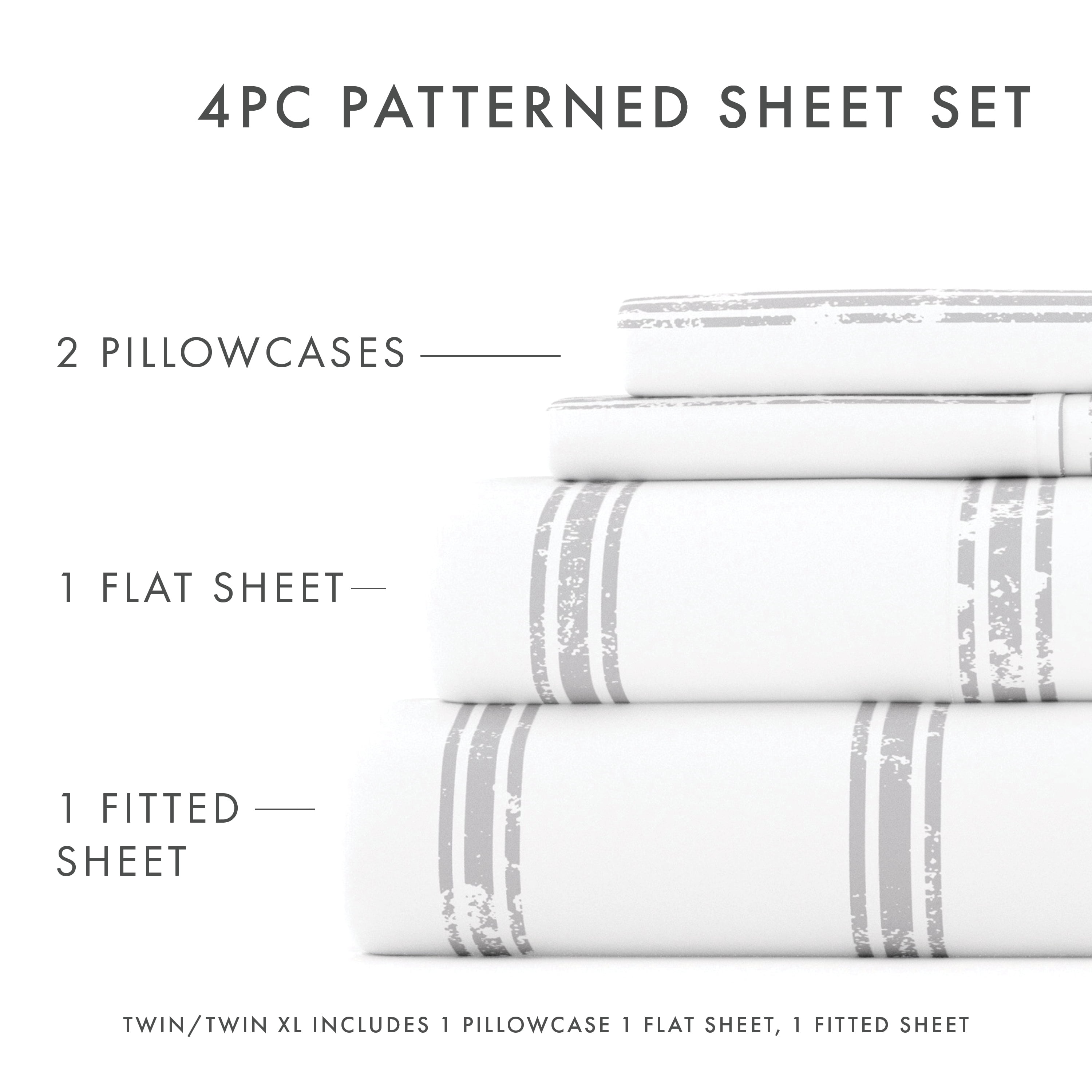 Noble Linens 4 Piece Pattern Microfiber Bed Sheets Set, Light Gray Distressed Line, Twin