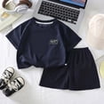 thumbnail image 2 of Quealent Boys 2 Summer Outfits Textured Crewneck Short Sleeve T-Shirt Shorts Sets Soft Comfy Beach Vacation Clothes (Blue, 2-3 Years), 2 of 4