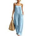 thumbnail image 2 of Women's Linen-Blend Sleeveless Jumpsuit - Spaghetti Strap Wide Leg Romper with Pockets, Loose Fit Casual One-Piece for Spring & Summer Blue S, 2 of 5