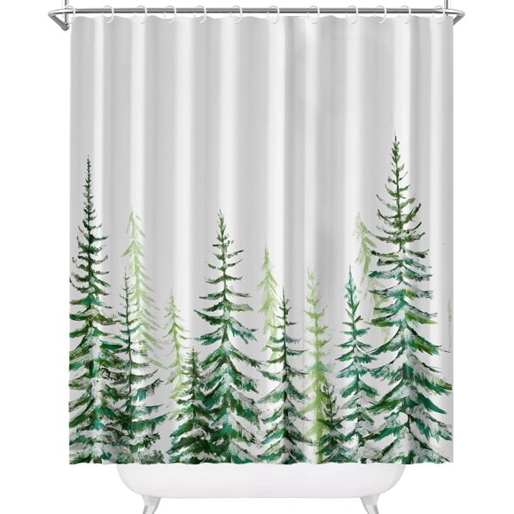 Christmas Shower Curtain for Bathroom Green Tree Farmhouse Rustic Modern White Snow Landscape Cloth Bathroom Curtain Sets with Hooks 72X72 inch